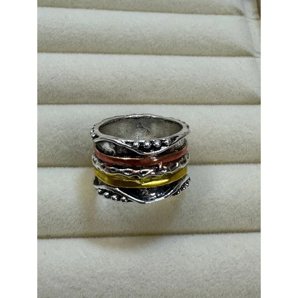 Size 9 Boho Wide Band Ring Silver Gold Copper Textured Statement Ring 1/2